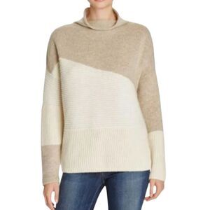 French Connection Wool Blend Neutral Patchwork Funnel Neck Sweater